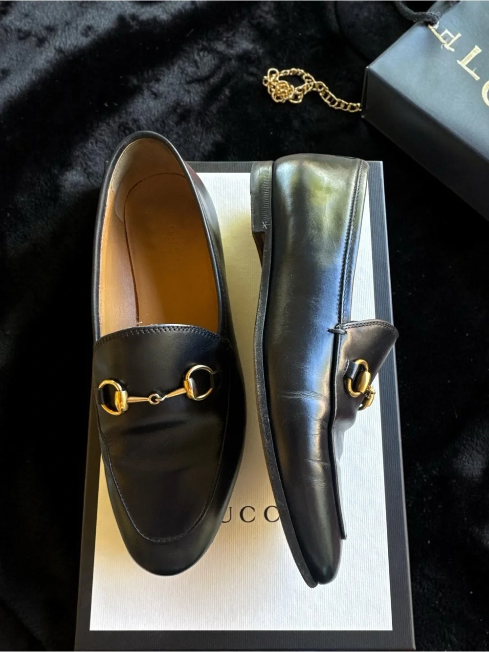 Gucci Betis Glamour Nero 404069 Black Leather Horsebit Loafers Gold Tone Sz 35.5